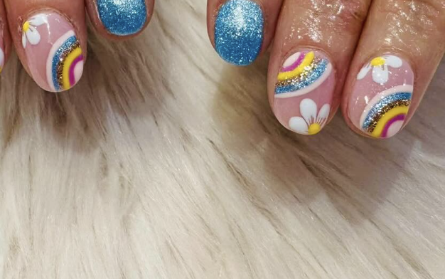 Rainbow floral nail art design available for pedicure finishes at Hello Beauty Nails, Northallerton