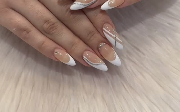 Dip powder nail design with white marble french tips by Hello Beauty Nails, Northallerton